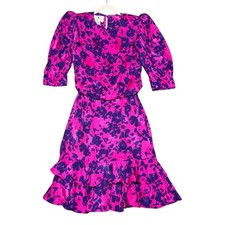 Vintage Flora Kung New York Pink and Purple Silk Floral Dress Size 4