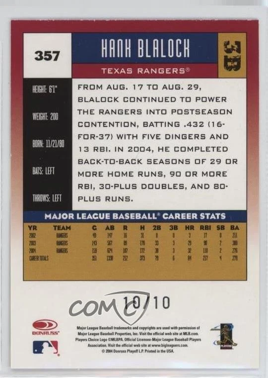 2005 Donruss Black Press Proof /10 Hank Blalock #357 - Image 2 of 2