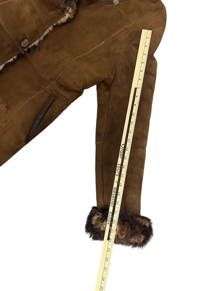 Ike & Jack Coat Womens XL Brown Shearling Suede Hooded Fur Trim Sheepskin - Image 3 of 4
