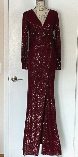 Neu mit Etikett Windsor burgunderrot Paillettenkleid formell Langarm hoher Schlitz Größe 9 war 90 $