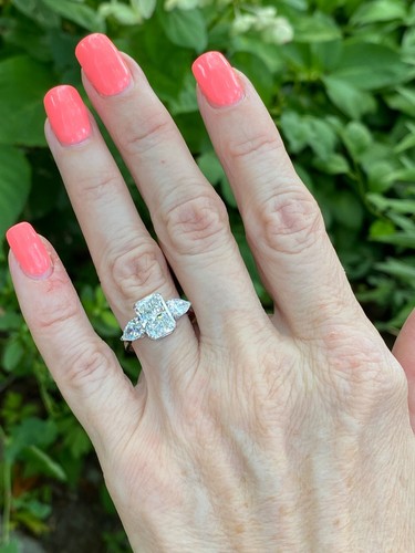 Bague de fiançailles 3 pierres IGI 2,72 ct E-VS1 laboratoire cultivé taille radiante diamant or 14 carats - Photo 15 sur 16