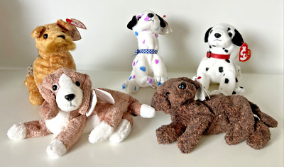 TY Beanie Babies 2000 Dogs Fetcher, Sniffer, Whiskers, Dizzy Lot of 5