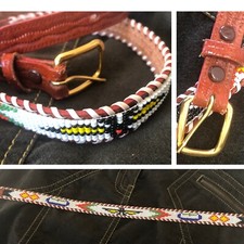 vtg Native American Thunderbird Cowhide Leather Belt 26" - 30" Hand Beaded