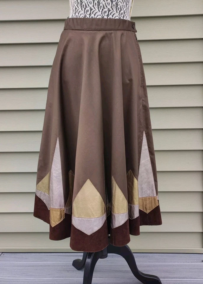 🎁Falda Acampanada Midi Cuero Genuino Gamuza Aplicación Geométrica Algodón Talla M Marrón  Foto 4 de 4