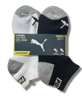 PUMA SOCKS WOMEN'S - QUARTER CUT 243 - ZING BLACK WHITE - SHOE SZ 5-9.5 - PACK 6