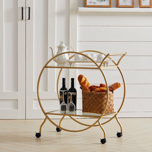 Large Industrial Glass Wooden Kitchen Drinks Trolley Serving Cart Wine Shelves - Picture 11 of 22