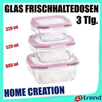 3 Tlg. Glas- Frischhaltedosen Set, Klick- Deckel, Gefrier Brot Dose, Lunchbox