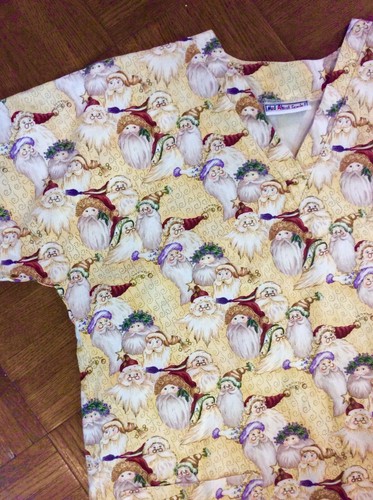 Mad About Scrubs Holiday “Christmas Santa” Medical Scrub Top S Cotton Beige S/S - Picture 2 of 4