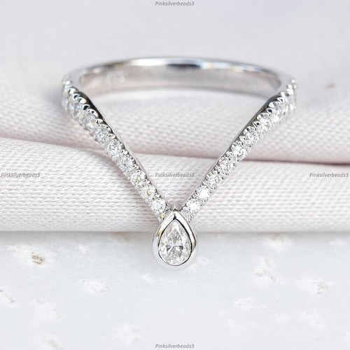 Minimal V Band Fine Anniversary Ring 14k White Gold Natural Diamond - Picture 3 of 3