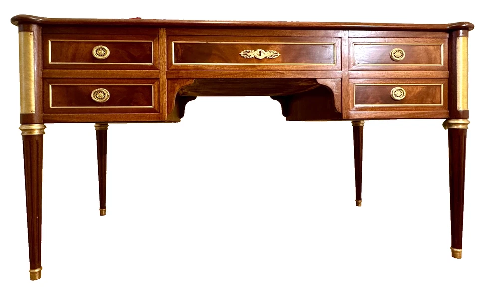 Louis XVI French  Mahogany/Burled/Leather Bureau Plat Desk Late 19th Century - Image 2 of 4