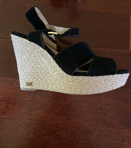 NWOB Michael Kors Open Toe Wedge Espadrille Black Sandal sz 10M