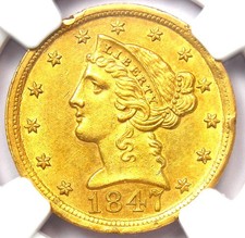 1847-D Liberty Gold Half Eagle Dahlonega $5 - NGC Uncirculated Details (UNC MS)