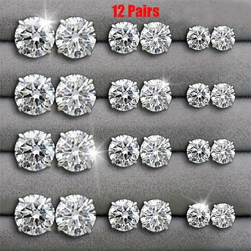 12 Pairs Stainless Steel Silver Stud Earrings Set CZ Round Crystal Men Women Kid