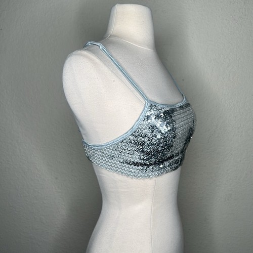 UO Out From Under Silver Sequined Crop Top Small Rave Festival Party 80s 70s - Picture 4 of 6