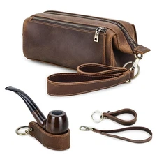 Travel Tobacco Pipe Pouch with Pipe Stand Full Grain Leather Smoking Pipe Acc...