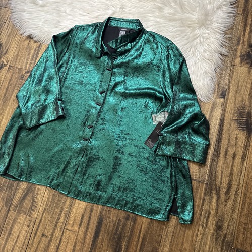 Ali Miles Größe 3X grün schimmernd schwarz Knöpfe Bluse Top 3/4 Ärmel Neu mit Etikett - Bild 2 von 8