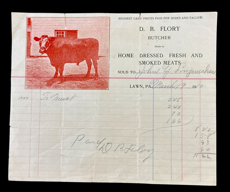 1910 Bold Red Bull Billhead, D.B. Flory Butcher, Lawn PA