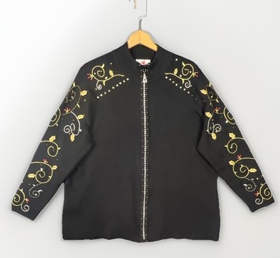 Quacker Factory Cardigan Sweater Full Beaded Zipper Womens 1X Black Sequins
