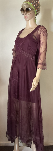 Vintage Downton Abbey Victorian Style Burgundy Over Lace Long Dress Size Small - Picture 2 of 12