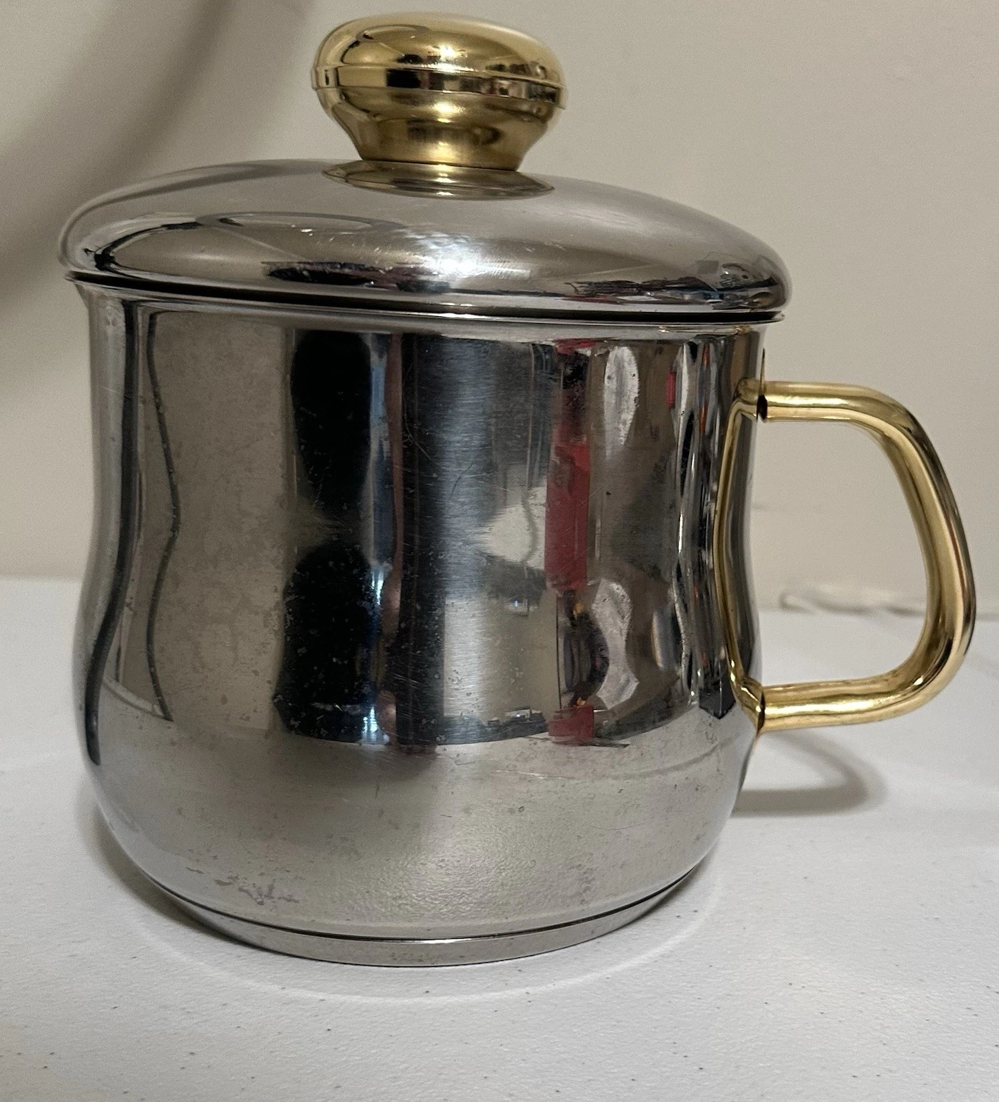 Silampos Stainless Steel 2.1 L Milk Pot W/Lid Gold Accents Handle Spout Portugal