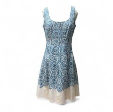 Cotton Nine West Fit & Flare Lined Dress W/Pockets Lined Blue Geometric Print