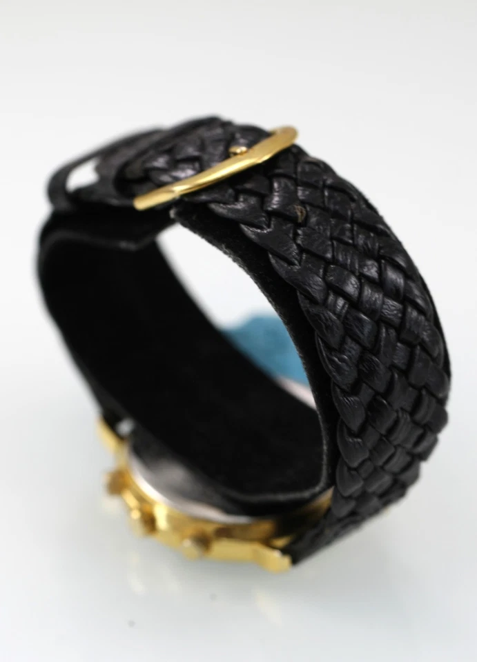 Reloj Apollo ll Hombre 25th Ann Oro Acero Inoxidable Cuero Negro WR Día Fecha Cuarzo Foto 2 de 4