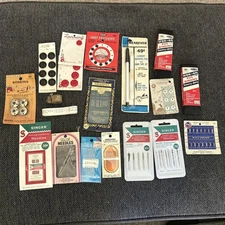 Vintage Sewing Lot Needles Hooks & Eyes Bobbins Fasteners Marking Pen Buttons