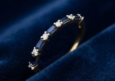 18ct Gold Sapphire Baguette Eternity Ring Band on Solid Silver 925 Size K-S
