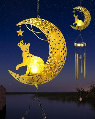 Solar Garden Outdoor Decor, Moon Cat Hanging Wind Chimes, Housewarming Orname...