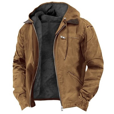 Men's Fleece Lined Hooded Jacket Warm Winter Cotton Coat Casual Zipper Pocket
