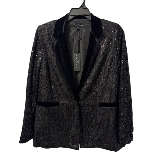 T.E By Tracy Evans Black Sequin Blazer Jacket With Velvet Trim Sz L Blazer. NWT