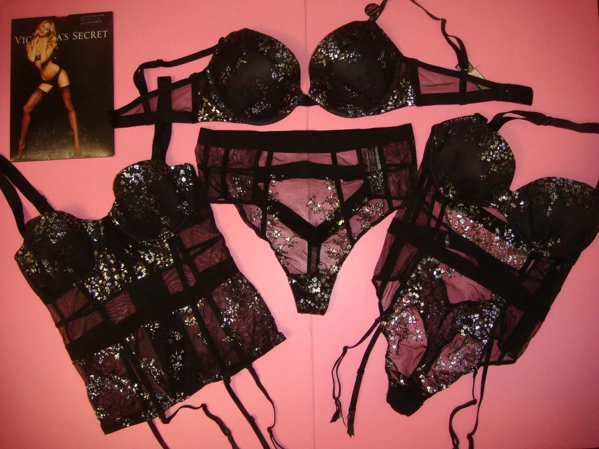 Victoria's Secret 34C BOMBSHELL BRA SET+garter TEDDY+CORSET BLACK