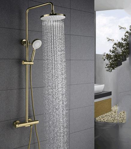 Juego de ducha de baño de lluvia de oro cepillado grifo con batidora grifo montado en pared - Imagen 9 de 11