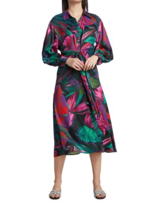 New Farm Rio Midnight Leaves Long Sleeve Midi Dress Size S $275