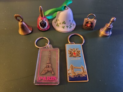 Lot Of 7 International Souvenirs 4 Mini Bells 2 Keychains & 1 Ornament