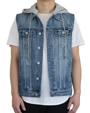 MEN'S DISTRESSED DENIM HOODIE VEST S-5XL 4 COLORS *FAST SHIP