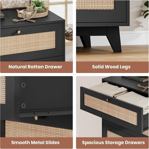 Black Rattan Nightstand & Charging Station, Natural Rattan NightStand & Drawers - Picture 8 of 8