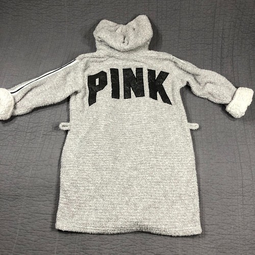 Victorias Secret Robe Women XS Gray Silver Metallic Fleece Sherpa Lined PINK - Picture 20 of 24