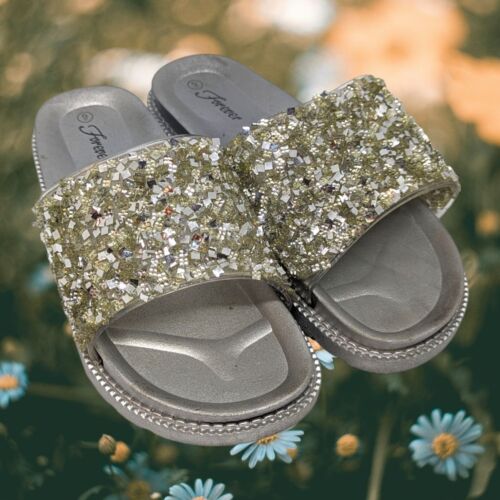 Forever Link Silver Chunky Slide Sandal Rhinestone Size 9 - Picture 1 of 6