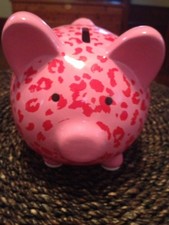 Girls Pink Red Animal Print Pig Piggy Bank Ceramic Baby Decor Coin Money Bank