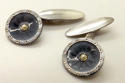 NICE PAIR OF ANTIQUE STERLING SILVER GUILLOCHE PEARL ROUND CUFFLINKS ~VERY NICE~