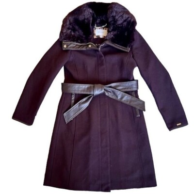 Nine West Purple Wool Blend Coat With Faux Fur Collar Belt Long