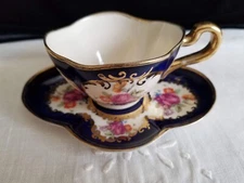 Vintage LENEIGE Porcelain Demitasse Saucer With Cup Gold Trim Floral, Blue 