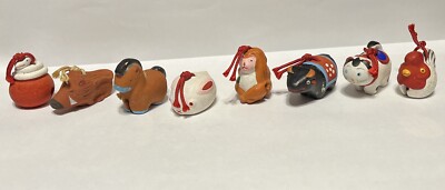Lot Of 8 Vintage Japanese Zodiac Clay Bells Rooster Bull Snake Horse Cat Rat