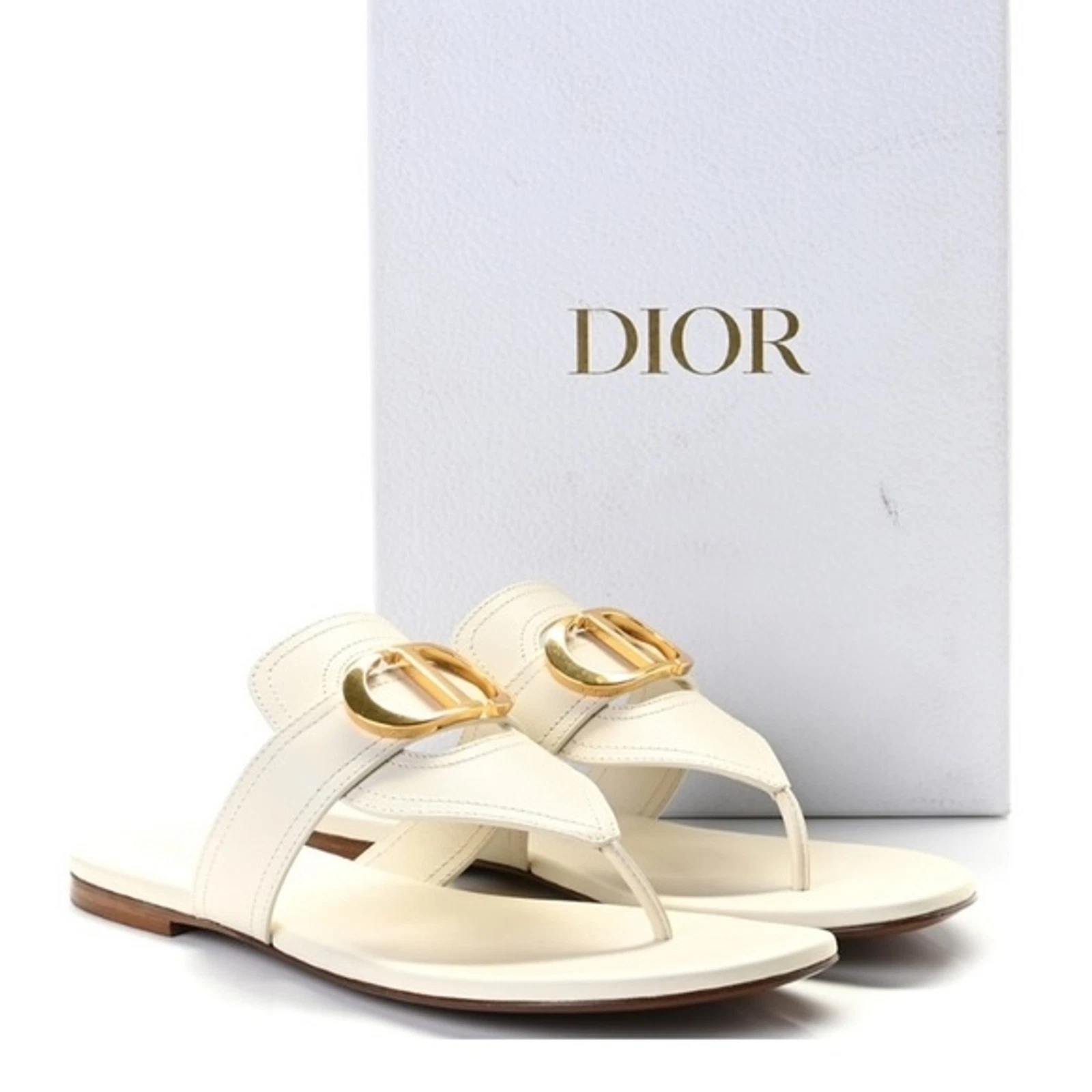 Sandales en cuir blanc authentique DIOR 30 CD Montaigne logo or logo DIOR 37