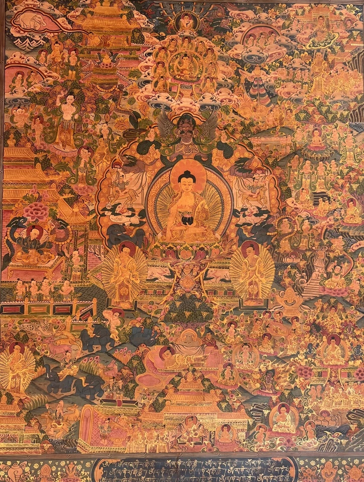 MANDALA VIDA DE BUDA/RUEDA DE LA VIDA ANTIGUA PINTURA THANGKA TIBETANA BARNIZADA AL ÓLEO Foto 3 de 4