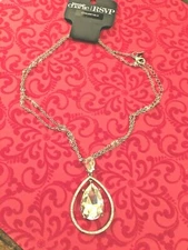 NWT Charming Charlie Pendant Necklace Teardrop Faceted w Double Chains Silver Pl