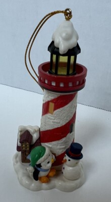 Vtg Lustre Fame Red & White Lighthouse Snowman Penguin Christmas Tree Ornament