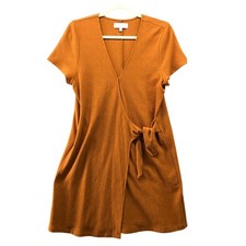 Madewell Texture & Thread Short Sleeve Side Tie Dress Size M Faux Wrap Tan Pecan