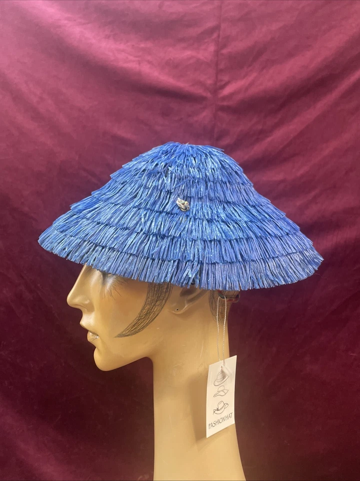 Sombrero de Paja Vintage Azul Rafia Coolie Platillo Novedad Playa Años 40 Años 50 Inclinable Top Foto 3 de 4